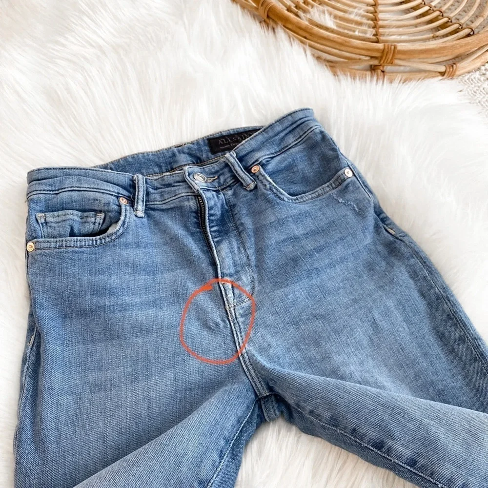 All Saints Roxanne Cropped Jeans Blue Raw Hem Distressed High Waisted Waist 28